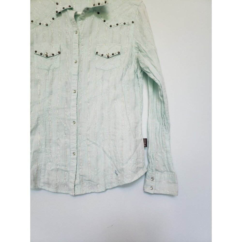 Cowgirl Up Womens M Shirt Pearl Snap Front Studded Metallic Stripe Green Western - Picture 3 of 5